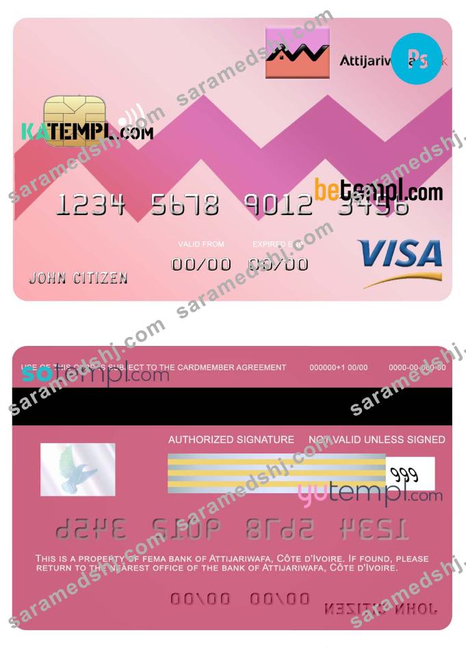 Côte d’Ivoire Attijariwafa visa credit card template in PSD format, fully editable